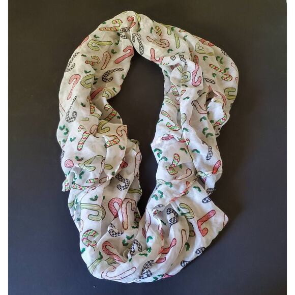Candy Cane Infinity Scarf Womens White Red Christmas Rectangle Wrap Sheer New - Picture 1 of 8